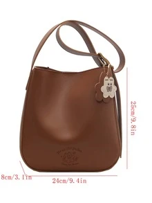 Small Crossbody Bag Solid Brown With Bag Charm - Brown - View 3