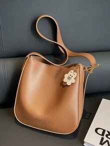 Small Crossbody Bag Solid Brown With Bag Charm - Brown - View 5
