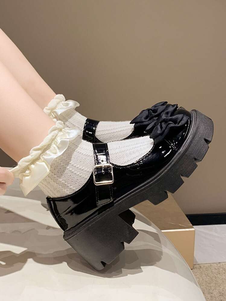 프레피 메리 제인 슈즈 나비매듭 리본 장식 플랫폼 웨지 슈즈 신발