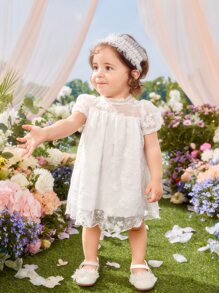 SHEIN Glamorique Kids Baby Girl's Summer White Lace Mesh Flower Bubble Sleeve Dress For Formal Occasions - White - View 6