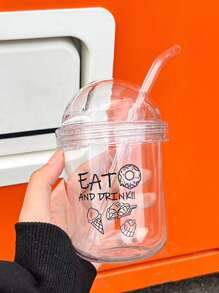 1入組PC玻璃杯標語和冰淇淋圖案瓶帶蓋辦公室 - 無色 - 查看 5