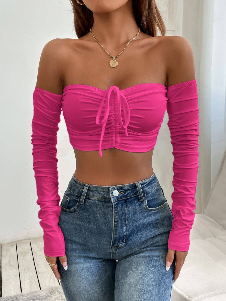 SHEIN PETITE Off Shoulder Drawstring Front Ruched Crop Top - Hot Pink - View 1