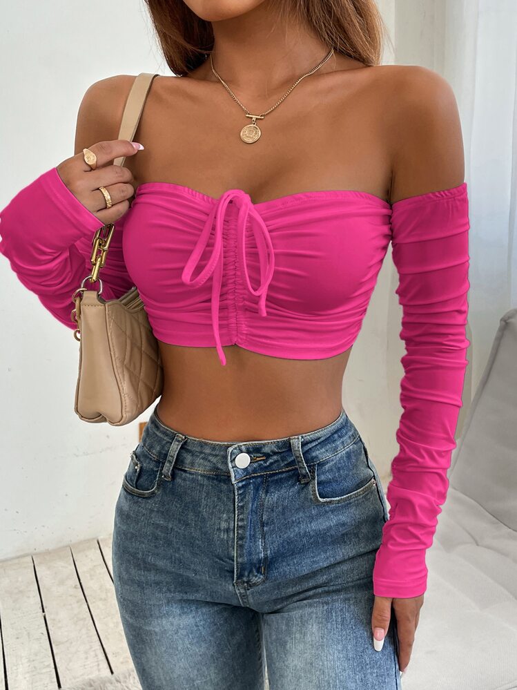 SHEIN PETITE שרוך קשירה קשר מרופט פשוט סקסי חולצה - ורוד חם - ראה 3