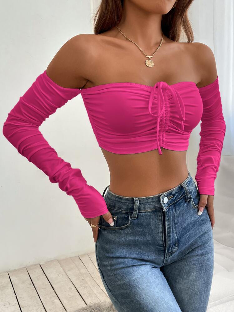 SHEIN PETITE שרוך קשירה קשר מרופט פשוט סקסי חולצה - ורוד חם - ראה 5