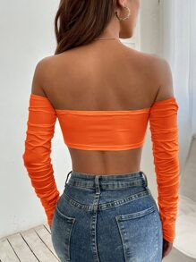 SHEIN PETITE Áo nữ Dây kéo Thắt nút Xù màu trơn Gợi cảm - trái cam - Xem 2