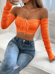SHEIN PETITE Áo nữ Dây kéo Thắt nút Xù màu trơn Gợi cảm - trái cam - Xem 3