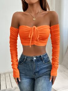 SHEIN PETITE Áo nữ Dây kéo Thắt nút Xù màu trơn Gợi cảm - trái cam - Xem 6