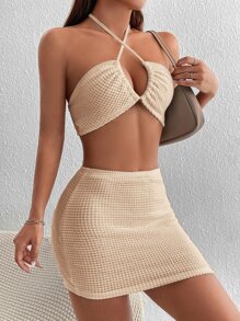 SHEIN PETITE Bộ đồ hai mảnh nữ Lộ Lưng Hội Chữ thập Buộc lại màu trơn Gợi cảm - Màu be - Xem 3