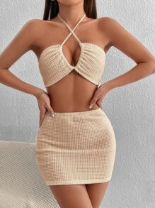 SHEIN PETITE Bộ đồ hai mảnh nữ Lộ Lưng Hội Chữ thập Buộc lại màu trơn Gợi cảm - Màu be - Xem 4