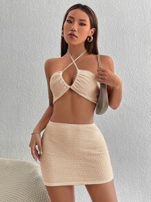 SHEIN PETITE Bộ đồ hai mảnh nữ Lộ Lưng Hội Chữ thập Buộc lại màu trơn Gợi cảm - Màu be - Xem 6