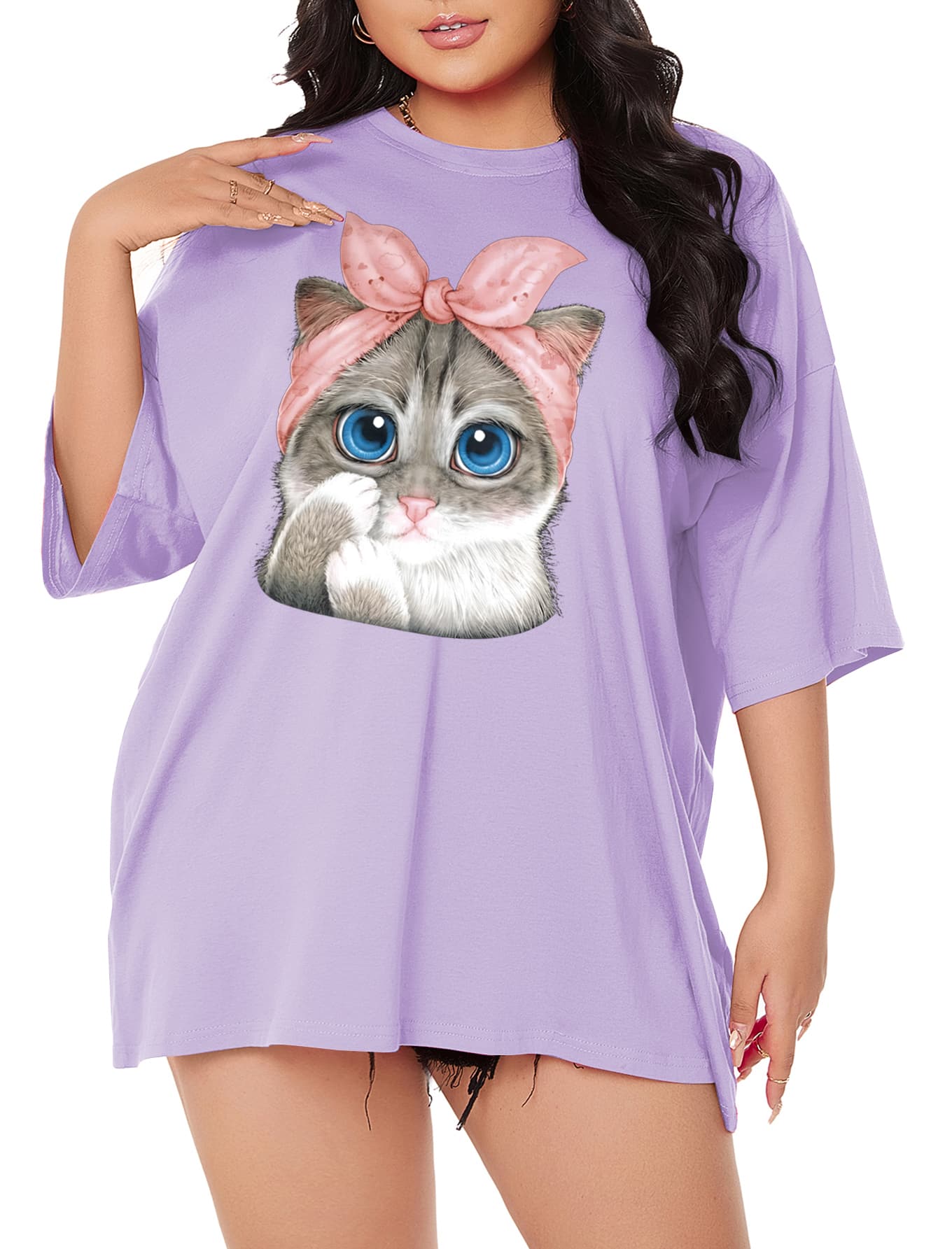 SHEIN EZwear 大碼貓印花落肩T恤 - 紫丁香色 - 查看 1