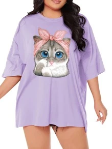 SHEIN EZwear 大碼貓印花落肩T恤 - 紫丁香色 - 查看 4