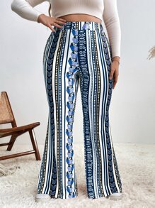 SHEIN Holidaya 大碼幾何印花喇叭褲 - 藍白色 - 查看 1