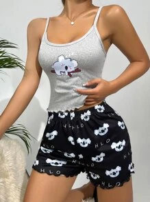 Cartoon Graphic Lettuce Trim PJ Set / Pajama Set - Multicolor - View 3