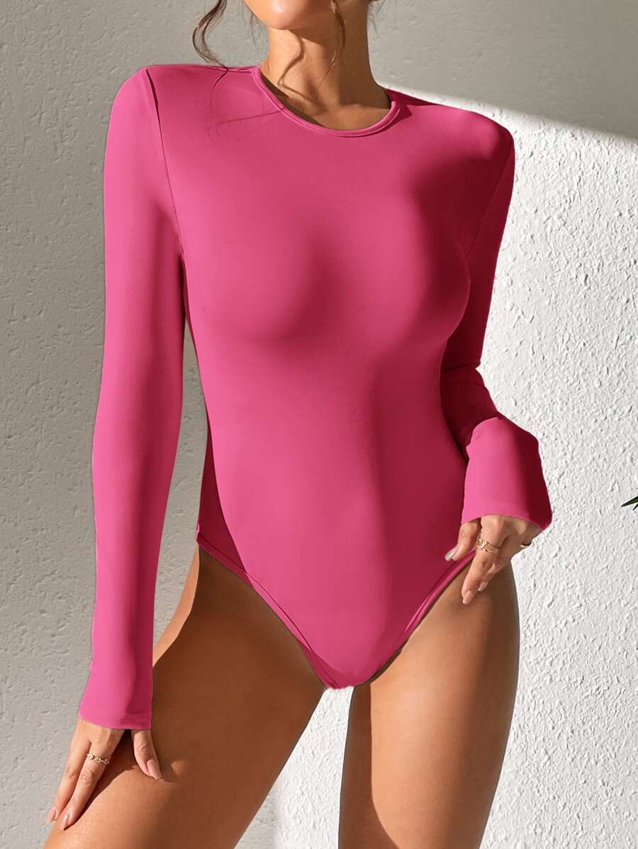 SHEIN PETITE Solid Slim Fit Tee Spring Women Bodysuit - Hot Pink - View 1