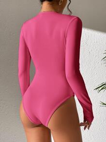 SHEIN PETITE Solid Slim Fit Tee Spring Women Bodysuit - Hot Pink - View 2