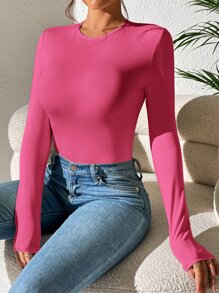 SHEIN PETITE Solid Slim Fit Tee Spring Women Bodysuit - Hot Pink - View 5