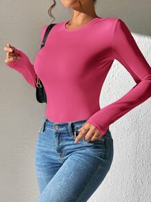SHEIN PETITE Solid Slim Fit Tee Spring Women Bodysuit - Hot Pink - View 6