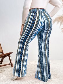 SHEIN Holidaya 大碼幾何印花喇叭褲 - 藍白色 - 查看 2