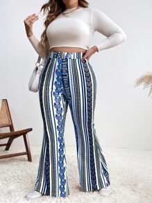 SHEIN Holidaya 大碼幾何印花喇叭褲 - 藍白色 - 查看 3