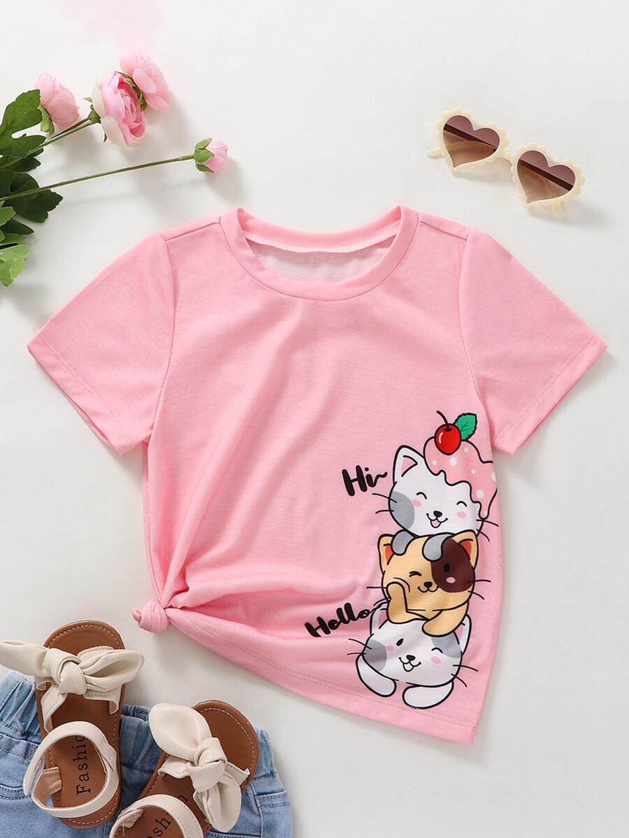 SHEIN Cô gái trẻ màu hồng hoạt hình và áo phông họa tiết mèo dễ thương có đường viền cổ tròn và tay áo thông thường cho mùa hè - Hồng - Xem 1