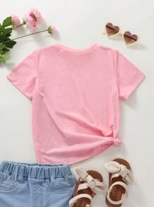 SHEIN Cô gái trẻ màu hồng hoạt hình và áo phông họa tiết mèo dễ thương có đường viền cổ tròn và tay áo thông thường cho mùa hè - Hồng - Xem 2