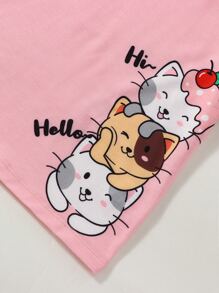 SHEIN Cô gái trẻ màu hồng hoạt hình và áo phông họa tiết mèo dễ thương có đường viền cổ tròn và tay áo thông thường cho mùa hè - Hồng - Xem 3