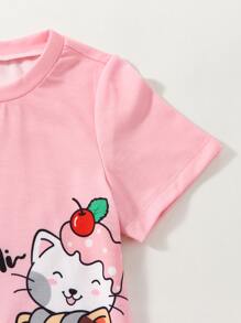 SHEIN Cô gái trẻ màu hồng hoạt hình và áo phông họa tiết mèo dễ thương có đường viền cổ tròn và tay áo thông thường cho mùa hè - Hồng - Xem 4