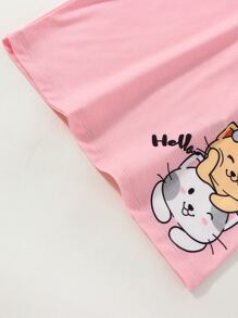 SHEIN Cô gái trẻ màu hồng hoạt hình và áo phông họa tiết mèo dễ thương có đường viền cổ tròn và tay áo thông thường cho mùa hè - Hồng - Xem 5