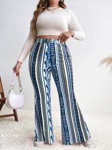 SHEIN Holidaya 大碼幾何印花喇叭褲 - 藍白色 - 查看 5