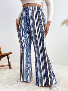 SHEIN Holidaya 大碼幾何印花喇叭褲 - 藍白色 - 查看 6