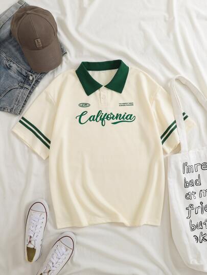 INAWLY Letter Graphic Contrast Collar Tee Graphic Tees Women Tops