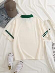 INAWLY Letter Graphic Contrast Collar Tee Graphic Tees Women Tops