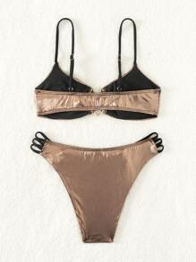 SHEIN Swim Metallic Cut-Out Summer Beach Bikini Set Bathing Suit - Bronze - View 4