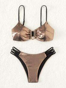 SHEIN Swim Metallic Cut-Out Summer Beach Bikini Set Bathing Suit - Bronze - View 7