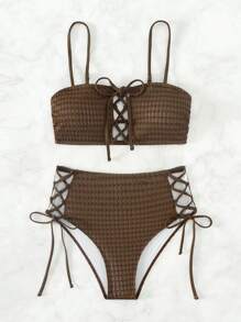 Lace Up Front High Waisted Summer Beach Bikini Set - Coffee Brown - View 7