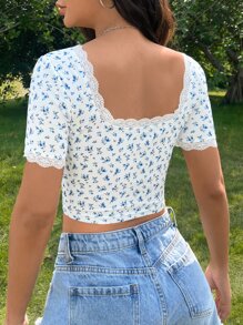 Soleia Ditsy Floral Print Lace Trim Crop Tee - Blue and White - View 2