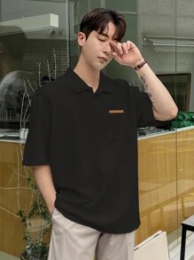 DAZY 男士字母拼接细节 Polo 衫 夏季商务装 - 黑色 - 查看 3