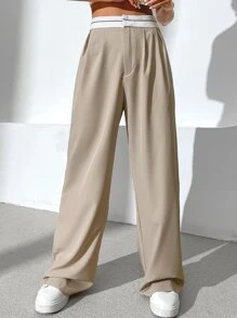 SHEIN EZwear Quần nữ Túi Dây kéo Uốn nếp Khối Màu Giải trí - Màu be - Xem 3