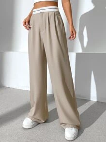 SHEIN EZwear Quần nữ Túi Dây kéo Uốn nếp Khối Màu Giải trí - Màu be - Xem 4