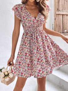 SHEIN Frenchy Ditsy Floral Print Butterfly Sleeve Dress - Multicolor - View 1