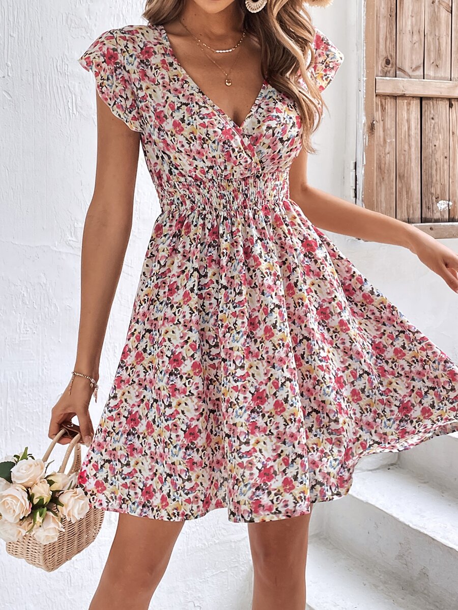 SHEIN Frenchy Ditsy Floral Print Butterfly Sleeve Dress - Multicolor - View 1