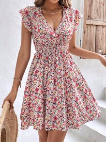 SHEIN Frenchy Ditsy Floral Print Butterfly Sleeve Dress - Multicolor - View 5