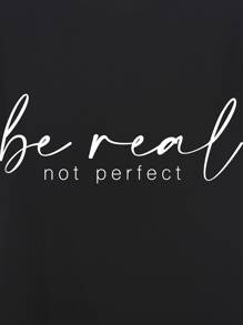 INAWLY 口号图案 T 恤 Be Real Not Perfect 图案 T 恤 女式上衣 - 黑色 - 查看 4