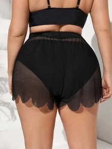 SHEIN Plus Sheer Mesh Scallop Trim Cover Up Shorts - Black - View 2