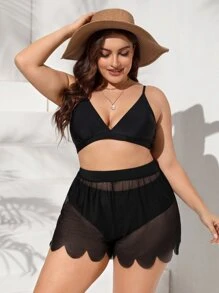 SHEIN Plus Sheer Mesh Scallop Trim Cover Up Shorts - Black - View 4