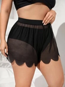 SHEIN Plus Sheer Mesh Scallop Trim Cover Up Shorts - Black - View 5