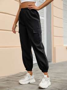 SHEIN LUNE Flap Pocket Side Cargo Pants - Black - View 3
