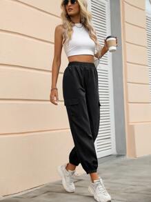 SHEIN LUNE Flap Pocket Side Cargo Pants - Black - View 6