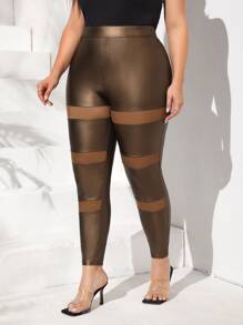 Plus Contrast Mesh PU Leather Skinny Trousers - Bronze - View 1